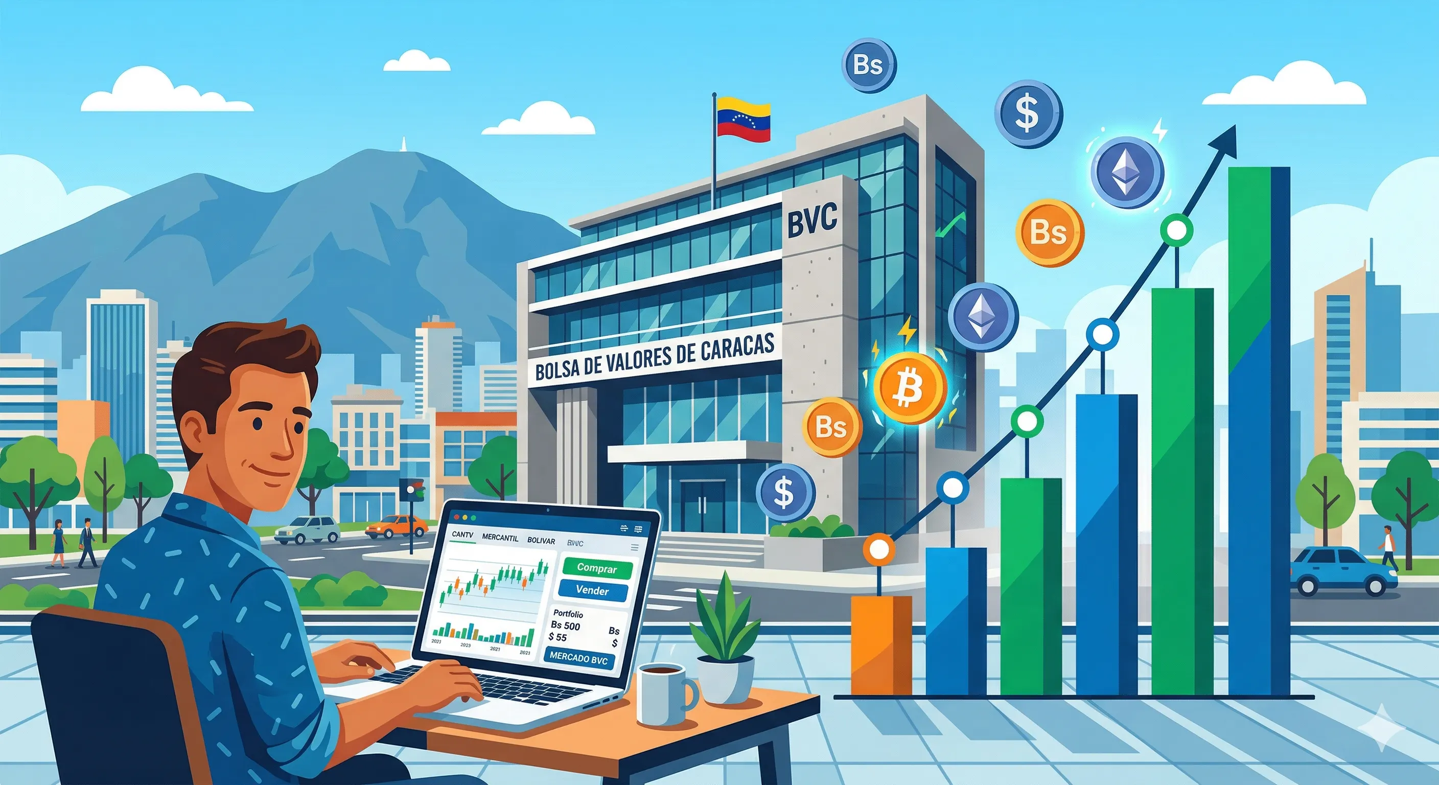 Gráficos financieros y la bandera de Venezuela