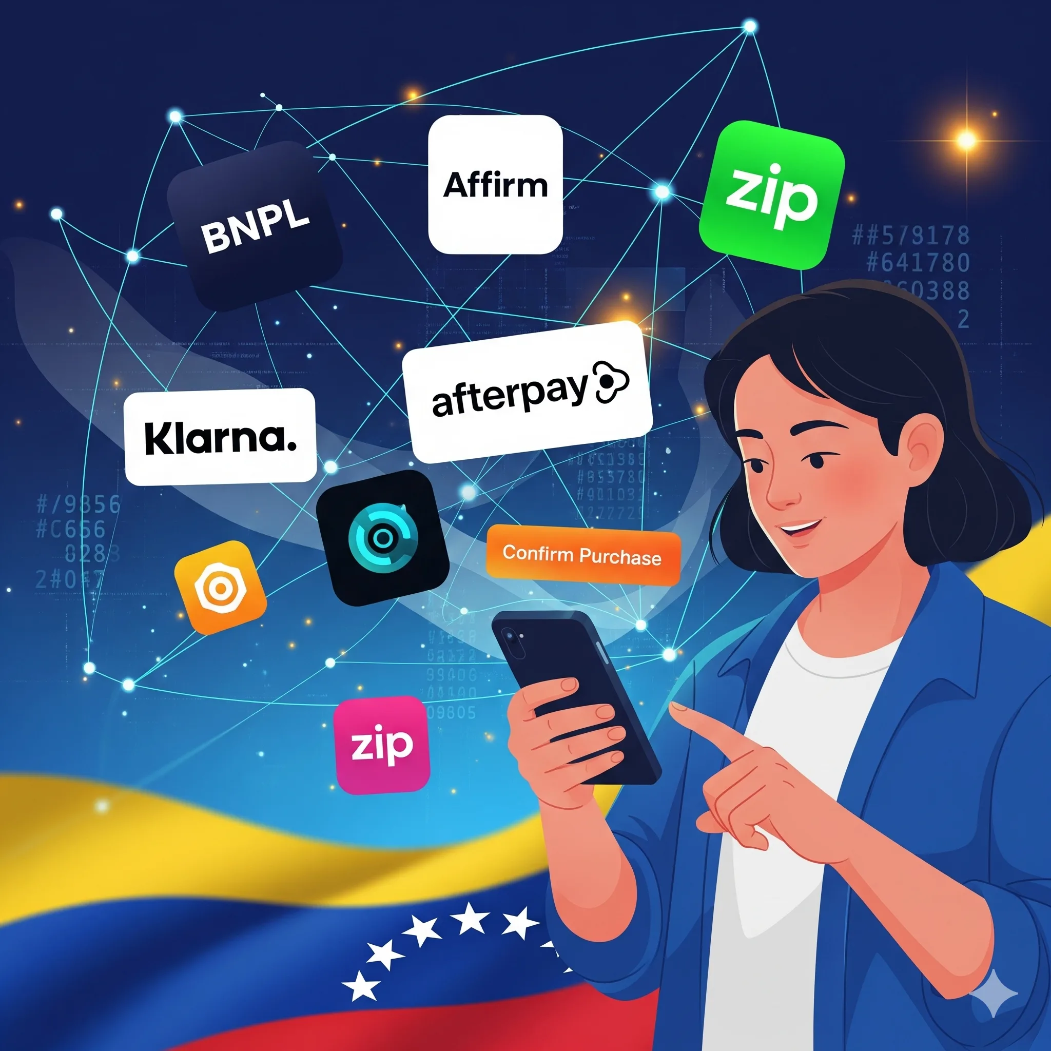 Ilustración de una persona utilizando un smartphone para acceder a crédito digital en Venezuela.