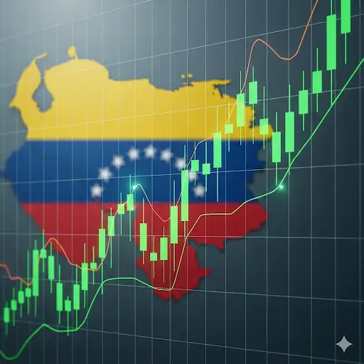 Una gráfica de acciones ascendente con la bandera de Venezuela en el fondo.